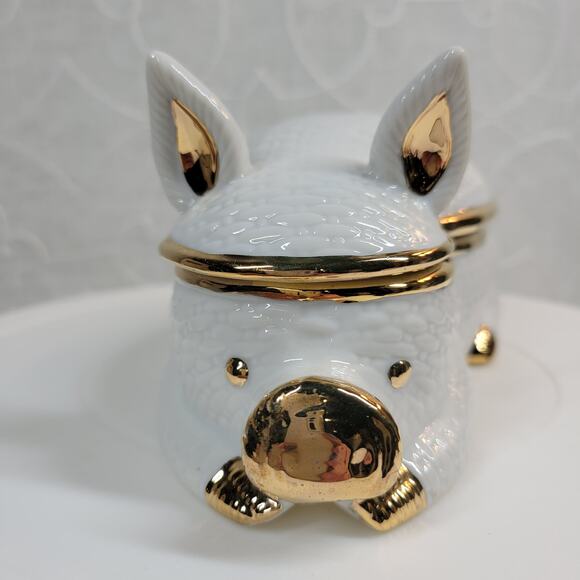 Bone China Porcelain Pig Hinged Trinket Jewelry Box w/ 18k Gold Accent - Picture 2 of 16